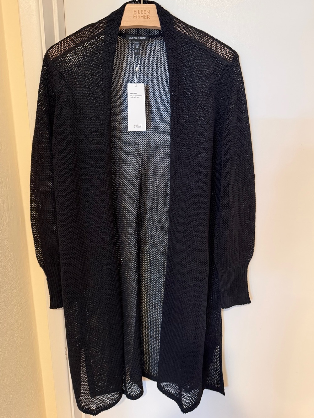 NWT Eileen Fisher Organic Linen Cotton Open Weave Long Cardigan Black Size Small